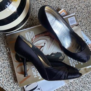 Stuart Weitzman Black Satin Peep Toe Pumps